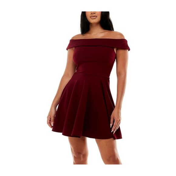 B DARLIN Womens Stretch Short Sleeve Off Shoulder Short Party Fit + Flare Dress - Picture 1 of 1